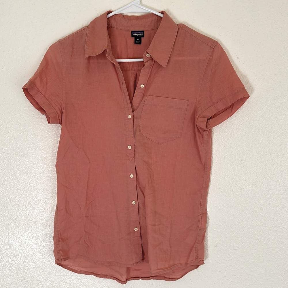 Patagonia women camp button down shirt short sleeve light weight A/C top XS pink